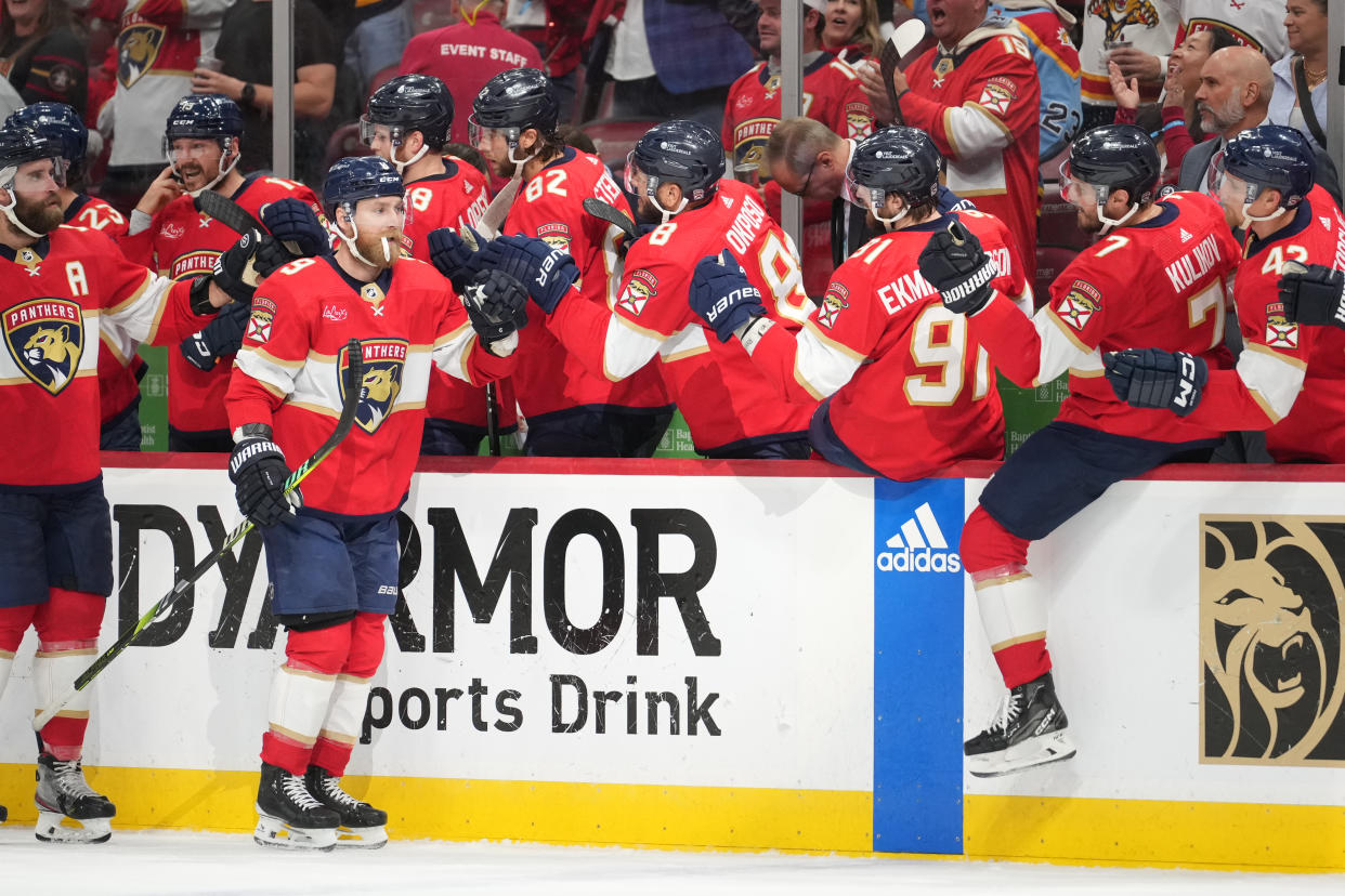 SUNRISE, FL - JUNE 01: Florida Panthers center Sam Bennett (9) gets high fives after his goal in the first period during game six of the Eastern Conference Finals between the New York Ranges and the Florida Panthers on Saturday, June 1, 2024 at Amerant Bank Arena in Sunrise, Fla. (Photo by Peter Joneleit/Icon Sportswire via Getty Images)