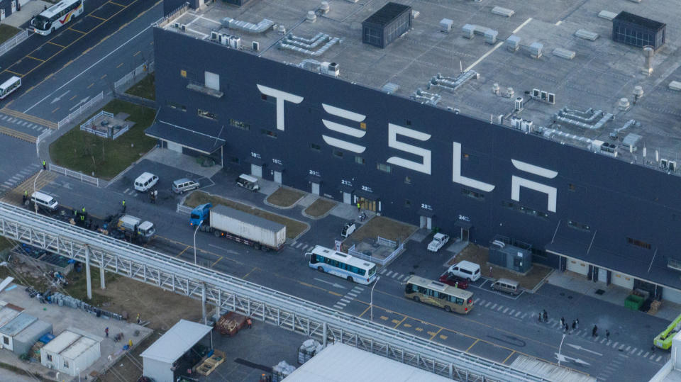 SHANGHAI, CHINA - OCTOBER 20: Aerial view of Tesla Shanghai Gigafactory on October 20, 2022 in Shanghai, China. (Photo by VCG/VCG via Getty Images)