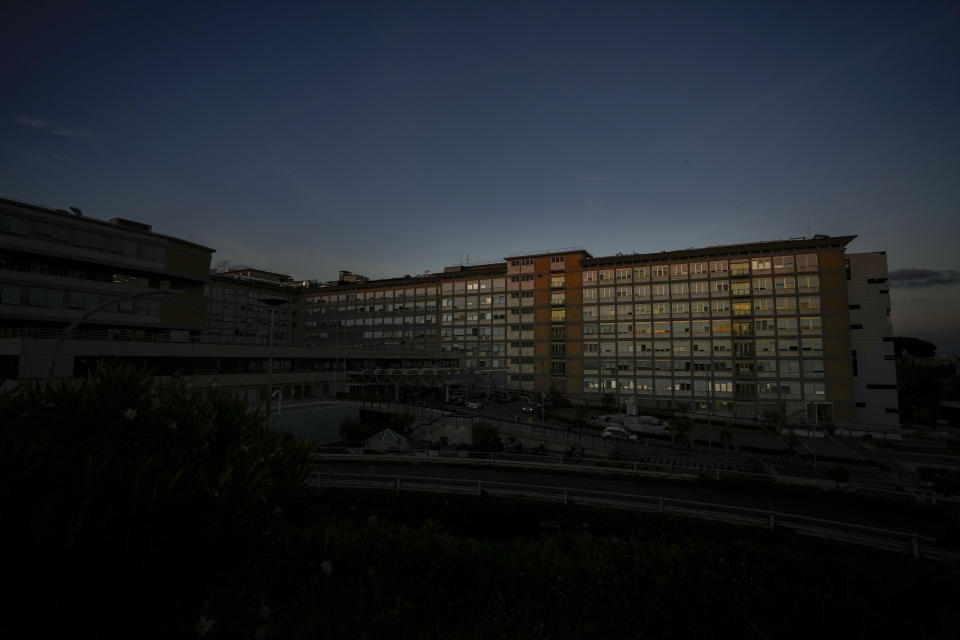 An external view of the Agostino Gemelli University Polyclinic in Rome, Thursday, June 8, 2023, where Pope Francis underwent surgery Wednesday to repair a hernia in his abdominal wall, the latest malady to befall the 86-year-old pontiff who had part of his colon removed two years ago. (AP Photo/Alessandra Tarantino)