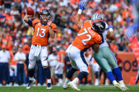 <p>Quarterback Trevor Siemian #13 of the Denver Broncos passes against the Dallas Cowboys in the first quarter of a game at Sports Authority Field at Mile High on September 17, 2017 in Denver, Colorado. (Photo by Dustin Bradford/Getty Images) </p>