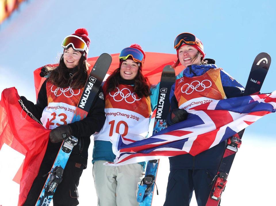 Atkin on the podium with Mathilde Gremaud and Sarah Hoefflin (Getty)