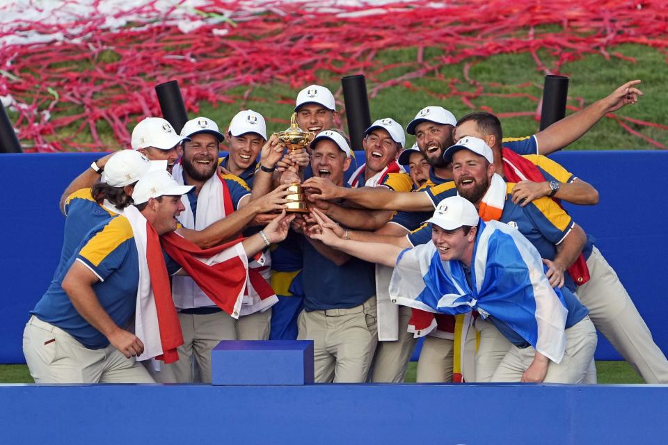 Captain Luke Donald and Team Europe celebrate with the Ryder Cup trophy after beating Team USA on Sunday at Marco Simone Golf and Country Club. Recent Texas Tech standout Ludvig Aberg from Sweden contributed two points to the Europeans' winning margin of 16 1/2 to 11 1/2.