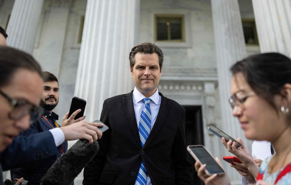 Rep. Matt Gaetz, R-Fla., speaks to the press outside the Capitol in Washington on Saturday.
