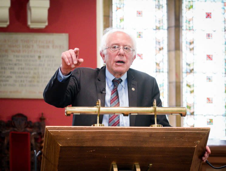 Well done: Bernie Sanders, seen here speaking in the UK earlier this month, has congratulated Jeremy Corbyn (Rex)