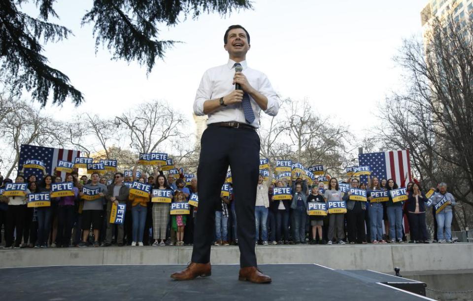 Pete Buttigieg speaks in Sacramento, California.