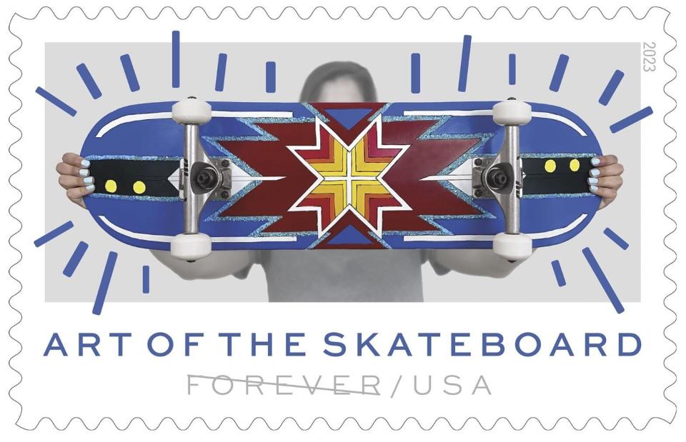 This image provided by the U.S. Postal Service shows an "Art of the Skateboard" Forever stamp with a design by Navajo artist Di'Orr Greenwood. The agency on Friday, March 24, 2023, is debuting the stamps at a Phoenix skate park. The stamps feature designs from four artists from around the country, including two Indigenous artists. (Courtesy of USPS via AP)