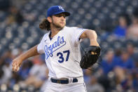 Kansas City Royals starting pitcher Jackson Kowar throws during the first inning of a baseball game against the Oakland Athletics, Tuesday, Sept. 14, 2021 in Kansas City, Mo. (AP Photo/Reed Hoffmann)