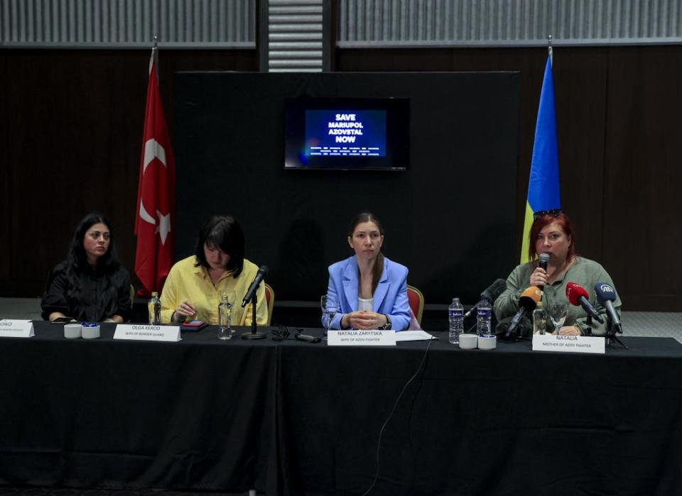 Wives and mothers of Ukrainian soldiers at Azovstal Industrial Facilities in Mariupol give a press conference in Istanbul (Anadolu Agency via Getty Images)