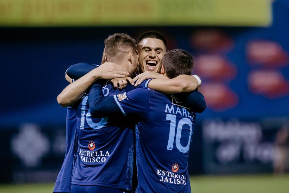 The El Paso Locomotives cheer at a game against the Colorado Springs Switchbacks FC on Wednesday, Oct. 13, 2021, at the Southwest University Park at El Paso, Tx.