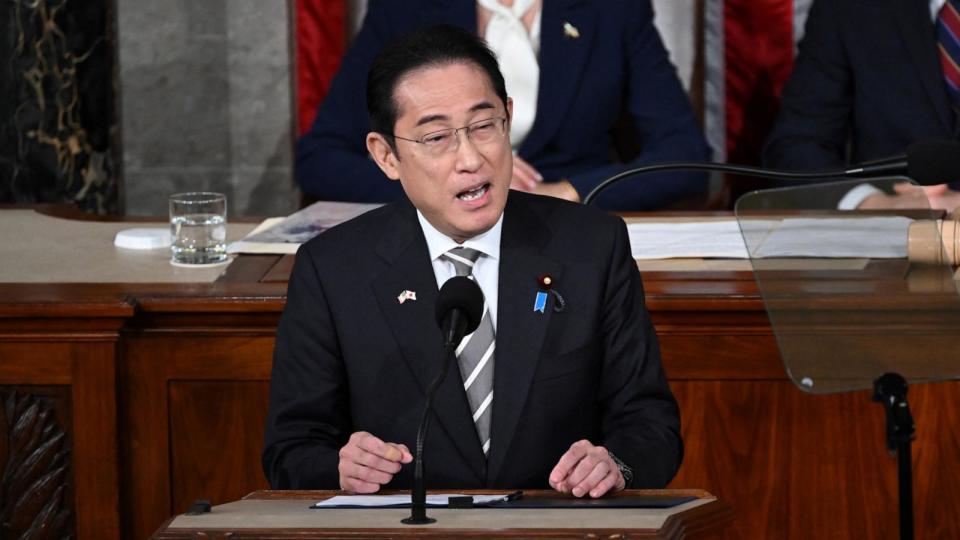 PHOTO: Japanese Prime Minister Fumio Kishida addresses a joint meeting of Congress at the U.S. Capitol, April 11, 2024, in Washington. (Saul Loeb/AFP via Getty Images)