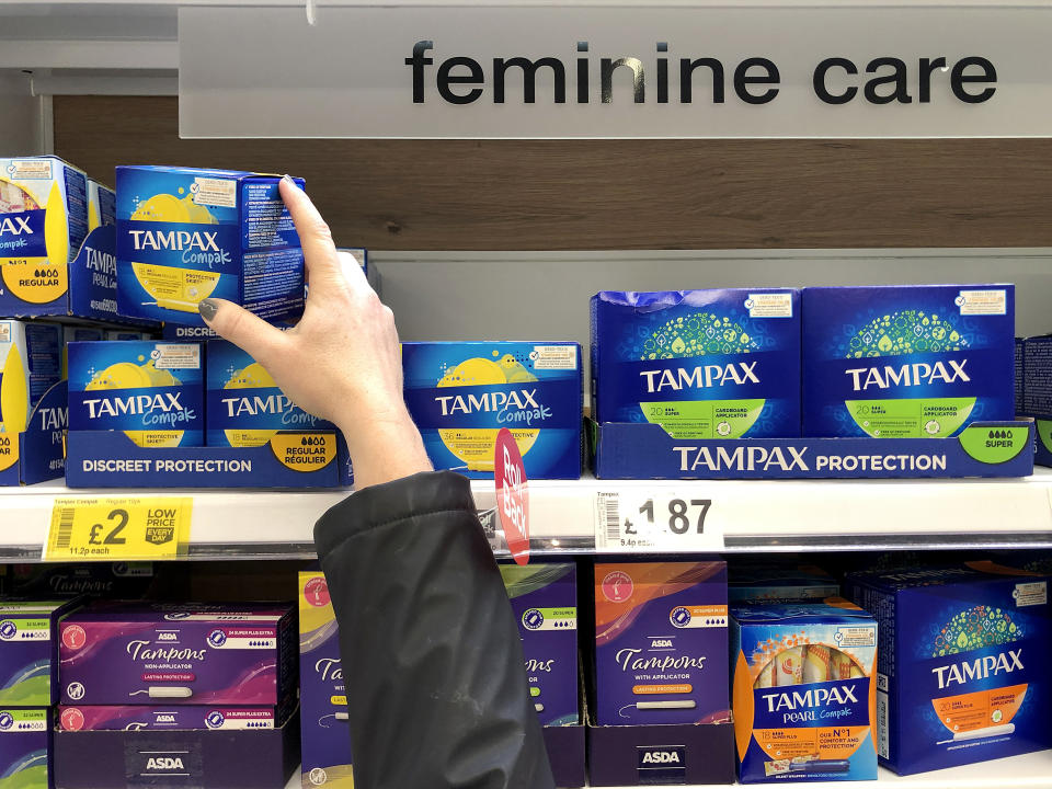 Period products are seen in a supermarket