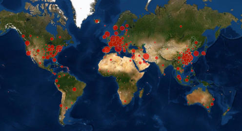 <span class="caption">COVID-19 cases as of March 22 2019.</span> <span class="attribution"><a class="link " href="https://gisanddata.maps.arcgis.com/apps/opsdashboard/index.html#/bda7594740fd40299423467b48e9ecf6" rel="nofollow noopener" target="_blank" data-ylk="slk:The Center for Systems Science and Engineering at John Hopkins University;elm:context_link;itc:0;sec:content-canvas">The Center for Systems Science and Engineering at John Hopkins University</a></span>