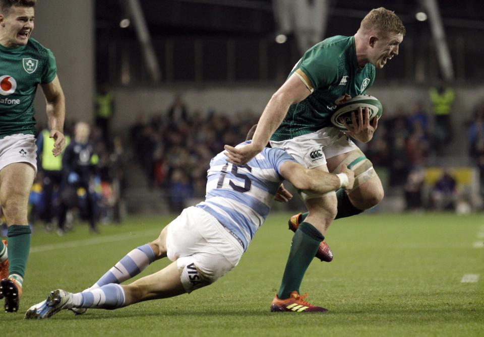 Ireland's Dan Leavy is tackled by Argentina's Emiliano Boffelli during the rugby union international match between Ireland and Argentina, at the Aviva Stadium in Dublin, Ireland, Saturday, Nov. 10, 2018. (AP Photo/Peter Morrison)