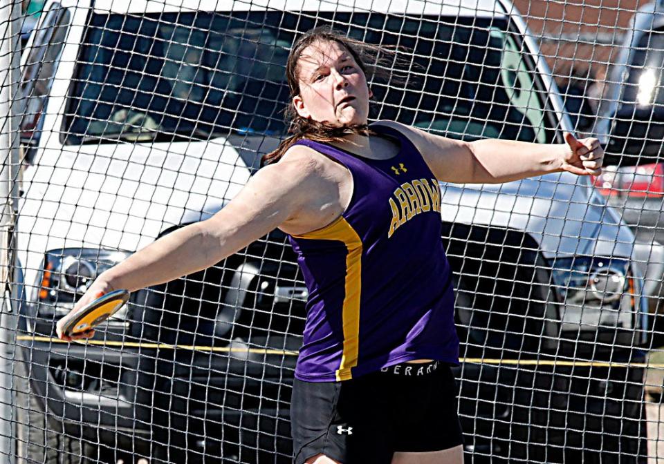 Watertown’s Malia Kranz competes in the girls discus during a high school track and field dual with Aberdeen Central on Monday, April 22, 2024 at the Brownell Activities Complex in Aberdeen.