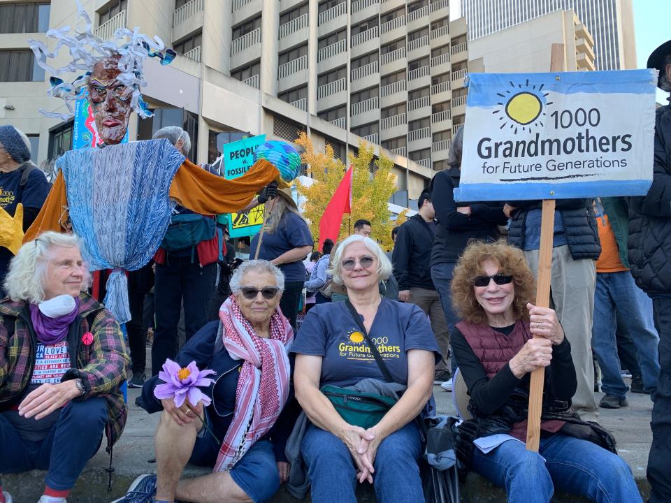 Members of the climate group 1000 Grandmothers attending a protest on Sunday, November 12, 2023 in San Francisco against the Asia Pacific Economic Cooperation forum being held in the city from November 11 through 17th. It features leaders from 21 member economies discussing trade and business.