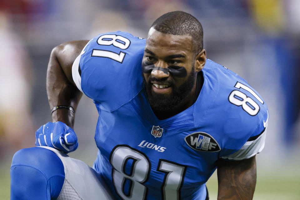 In this Sunday, Dec. 27, 2015 photo, Detroit Lions wide receiver Calvin Johnson (81) warms ups before an NFL football game against the San Francisco 49ers at Ford Field in Detroit. Johnson says NFL players could get painkillers like they were "candy" during the first half of his career with the Detroit Lions. His comments were part of a wide-ranging interview on ESPN's news magazine E:60 that was scheduled to be broadcast Thursday, July 7, 2016. (AP Photo/Rick Osentoski)