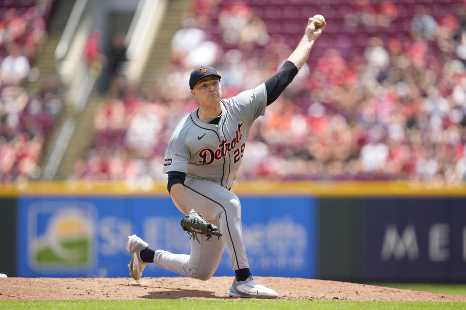 Detroit Tigers pitcher Tarik Skubal throws in the second inning of a baseball game against the Cincinnati Reds in Cincinnati, Sunday, July 7, 2024. (AP Photo/Jeff Dean)