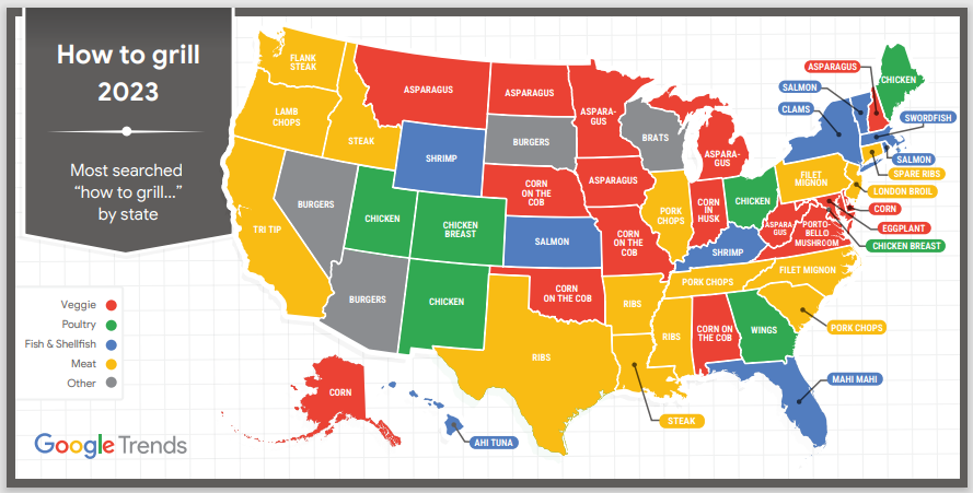 The 2023 most searched "how to grill" food in every state, based on Google search data.