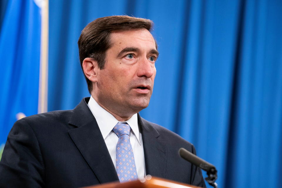 Assistant Attorney General for National Security John C. Demers speaks during a virtual news conference at the Department of Justice in Washington, U.S., October 28, 2020 Sarah Silbiger/Pool via REUTERS