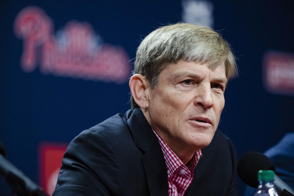 Philadelphia Phillies managing partner John Middleton speaks with members of the media during a news conference in Philadelphia, Friday, Oct. 11, 2019. The Phillies fired manager Gabe Kapler on Thursday. (AP Photo/Matt Rourke)