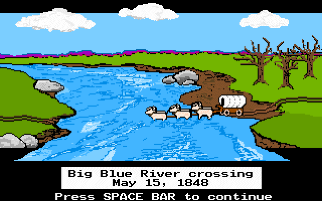 Three oxen pull a cart across a river in the Oregon Trail game.