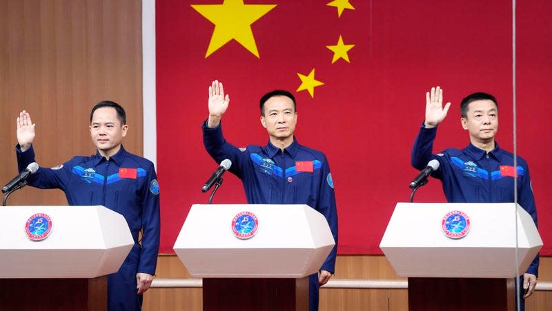 Astronauts attend a news conference before the Shenzhou-15 spaceflight mission at Jiuquan Satellite Launch Center in China's northwestern Gansu Province on Nov. 28, 2022. 