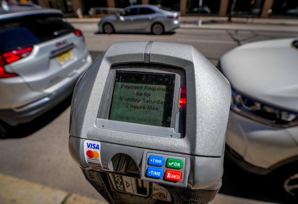 The newest version of a city parking meter on Fountain Street in Providence.