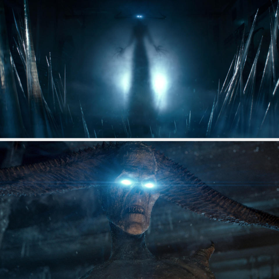 A dark, eerie scene from the show "Stranger Things" featuring the menacing monster Vecna with glowing blue eyes, standing among sharp, icy spikes