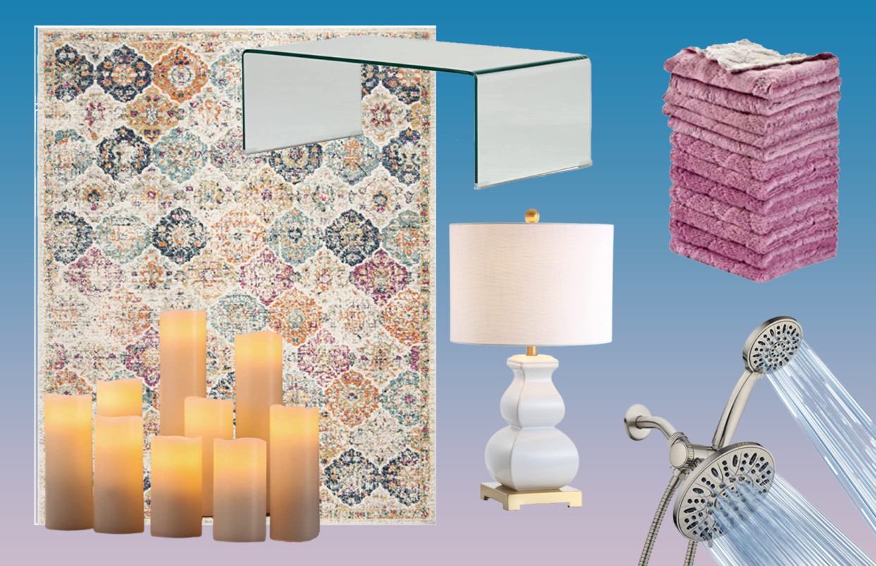 rug, candles, lamp, towels, table, showerhead