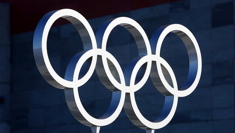 The Olympic rings from the 2002 Winter Games are pictured at Rice-Eccles Stadium at the University of Utah in Salt Lake City on Monday, Oct. 31, 2022.