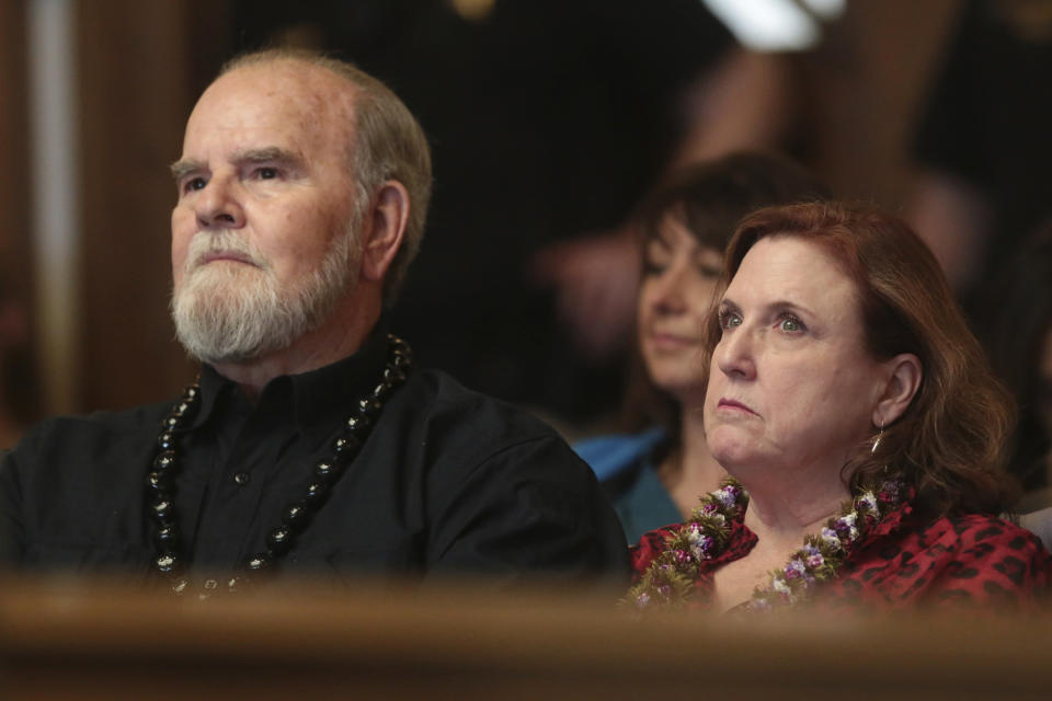 Larry and Kay Woodcock listen during the hearing of Lori Vallow Daybell on Friday, March 6, 2020, in Rexburg, Idaho. Daybell who is charged with felony child abandonment after her two children went missing nearly six months ago had her bond reduced to $1 million by an Idaho judge on Friday. (John Roark/The Idaho Post-Register via AP, Pool)