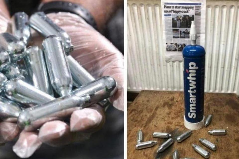 Bradford Telegraph and Argus: The silver canisters, pictured left, and right, the larger Nitrous Oxide tubes now seen on the streets