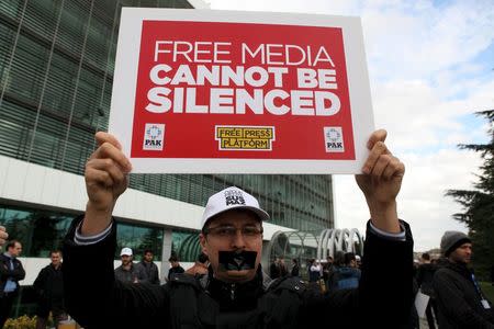 Employees of Zaman newspaper gather at the courtyard of the newspaper during a protest in Istanbul, Turkey March 4, 2016. REUTERS/Kursat Bayhan/Zaman Daily