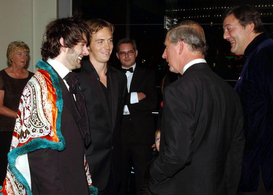 The Prince of Wales talks with actor's Michael Sheen (left), Stephen Campbell Moore and Stephen Fry (far right) at the Odeon, Leicester Square, central London, for the European Premiere of the  film 'Bright Young Things', held in aid of the Prince's Trust. 