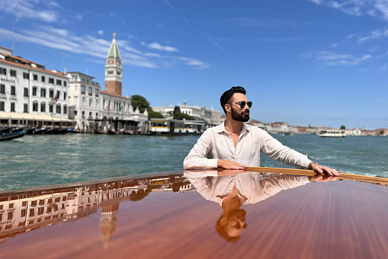 Rob and Rylan's Grand Tour,12-05-2024,1 - Venice,Rylan ,on a speedboat on the Grand Canal, Venice,Zinc Media,Lana Salah