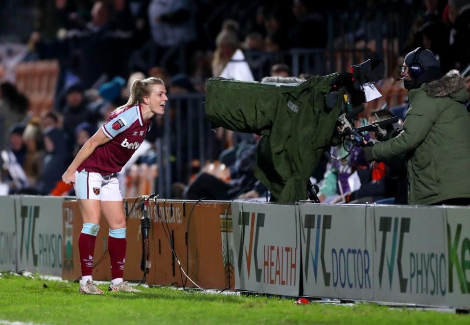 Kate Longhurst celebrates scoring West Ham’s stoppage-time equaliser in the 1-1 Women’s Super League draw at Tottenham (Bradley Collyer/PA) (PA Wire)