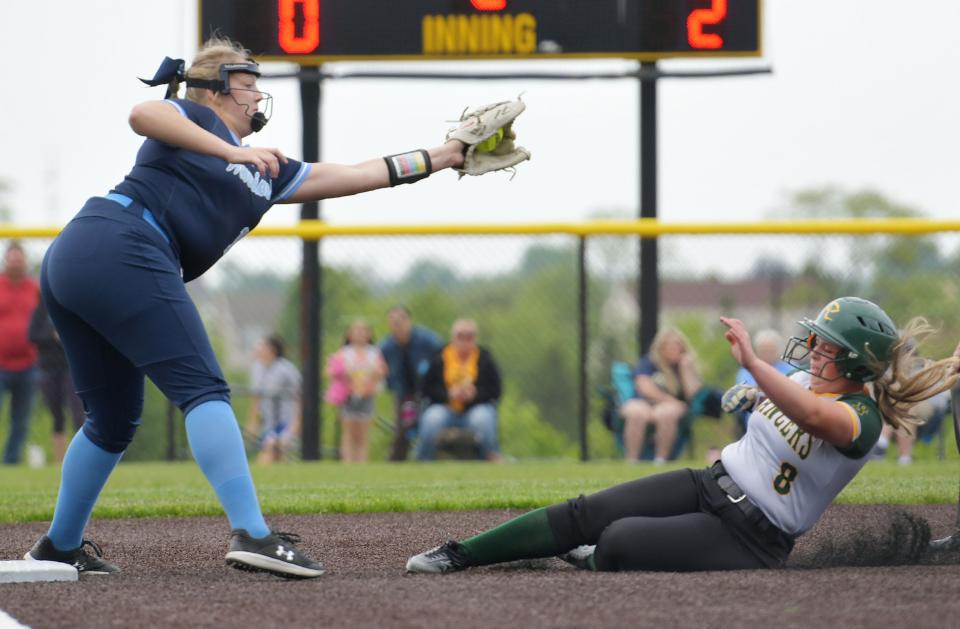 Central Valley's Mia Shroads gets Deer Lakes' Tira Waksmonski out at 3rd during Tuesday's WPIAL class 3A playoff game at Montour High School.