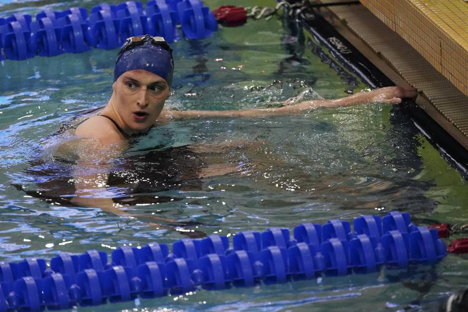 Pennsylvania's Lia Thomas waits for results after swimming the women's 200 freestyle final at the NCAA swimming and diving championships Friday, March 18, 2022, at Georgia Tech in Atlanta. Thomas finished tied for fifth place.