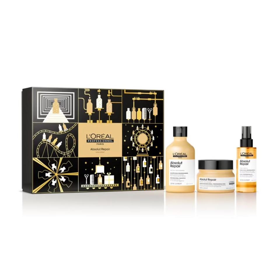 57€<br><p>Ce coffret contient : </p> <ul class="items"> <li>1 shampoing, 1 masque et 1 huile de la gamme Absolut Repair.</li> </ul><br><a href="https://www.nocibe.fr/l-oreal-professionnel-serie-expert-coffret-de-noel-trio-cheveux-secs-et-abimes-s300281" rel="nofollow noopener" target="_blank" data-ylk="slk:Acheter;elm:context_link;itc:0;sec:content-canvas" class="link ">Acheter</a>