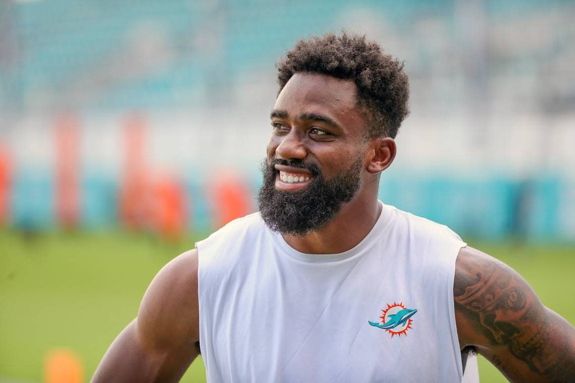 Miami Dolphins running back Raheem Mostert (31) waits to speak with reporters after practice at Baptist Health Training Complex in Miami Gardens on Wednesday, August 17, 2022.