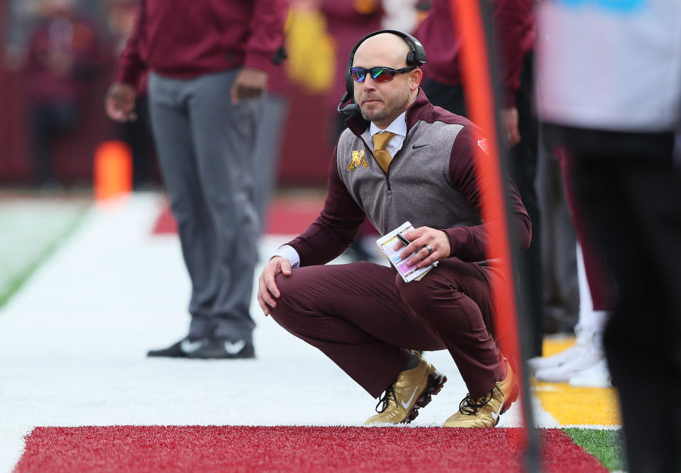 MINNEAPOLIS, MN - NOVEMBER 09: Head coach P.J. Fleck of the Minnesota Golden Gophers in the second quarter against the Penn State Nittany Lions at TCFBank Stadium on November 9, 2019 in Minneapolis, Minnesota. (Photo by Adam Bettcher/Getty Images)