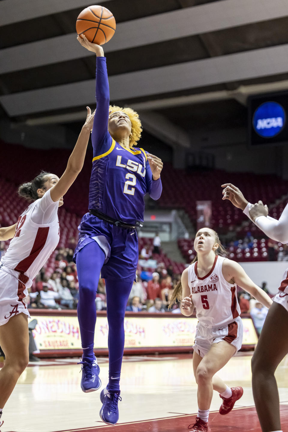 LSU guard Jasmine Carson (2) works by Alabama guard Aaliyah Nye, left, during the first half of an NCAA college basketball game, Monday, Jan. 23, 2023, in Tuscaloosa, Ala. (AP Photo/Vasha Hunt)