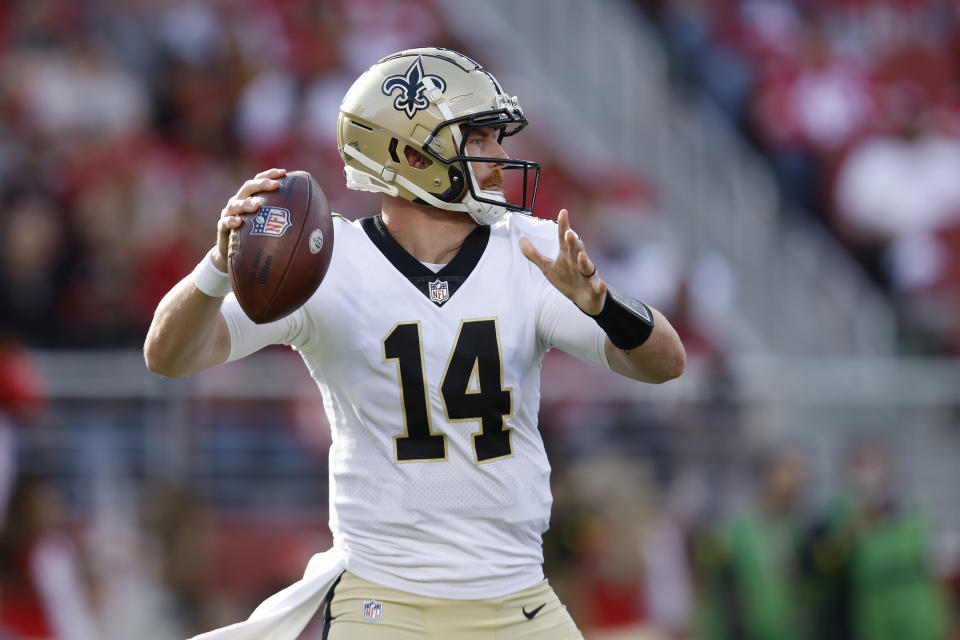 New Orleans Saints quarterback Andy Dalton (14) passes against the San Francisco 49ers during the first half of an NFL football game in Santa Clara, Calif., Sunday, Nov. 27, 2022. (AP Photo/Jed Jacobsohn)