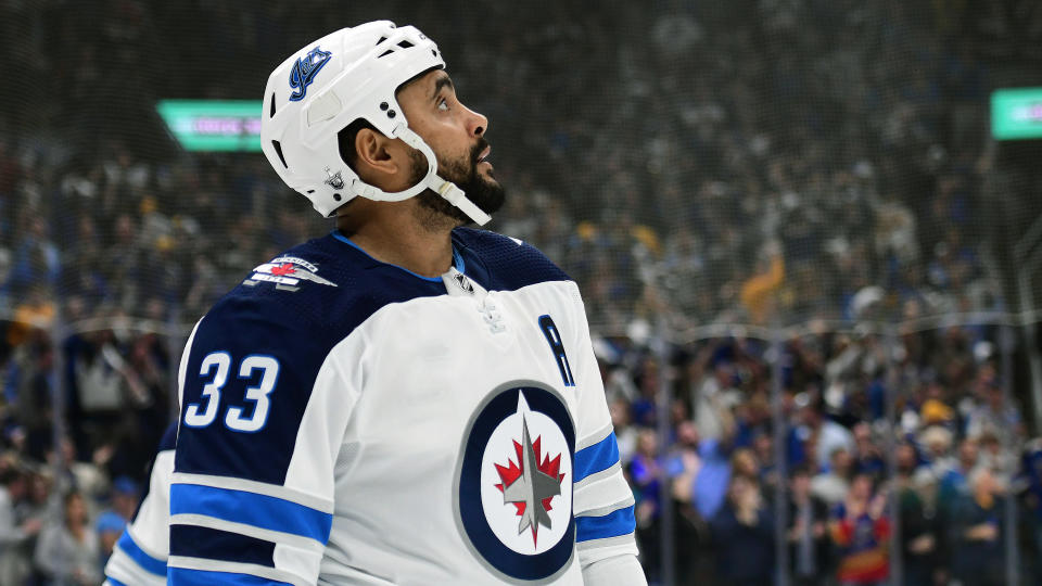 ST. LOUIS, MO - APRIL 20: Winnipeg Jets defenseman Dustin Byfuglien (33) during a first round Stanley Cup Playoffs game between the Winnipeg Jets and the St. Louis Blues, on April 20, 2019, at Enterprise Center, St. Louis, Mo. (Photo by Keith Gillett/Icon Sportswire via Getty Images)