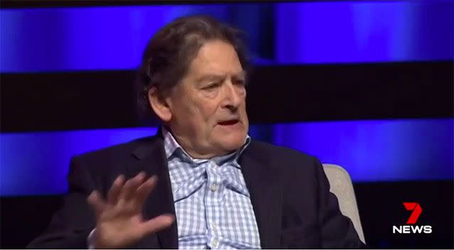 Former UK Chancellor and climate sceptic Nigel Lawson was in the audience Mr Abbott spoke to. Source: 7 News