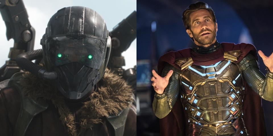Side by side of Michael Keaton as the Vulture, and Jake Gyllenhaal as Mysterio.