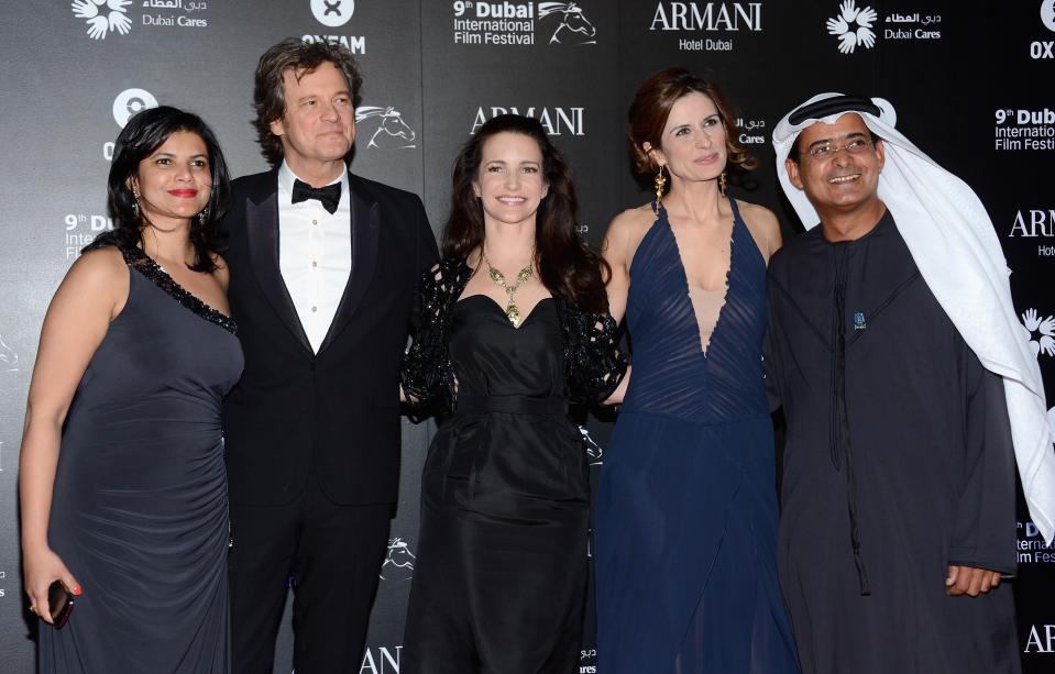 DUBAI, UNITED ARAB EMIRATES - DECEMBER 14: Managing Director of DIFF Shivani Pandya, actors Colin Firth, Kirstin Davis, Livia Firth and DIFF Chairman Abdulhamid Juma attend the 2012 Dubai International Film Festival, Dubai Cares and Oxfam "One Night to Change Lives" Charity Gala at the Armani Hotel on December 14, 2012 in Dubai, United Arab Emirates. (Photo by Andrew H. Walker/Getty Images for DIFF)