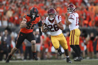 Southern California running back Travis Dye rushes during the first half of the team's NCAA college football game against Oregon State on Saturday, Sept. 24, 2022, in Corvallis, Ore. (AP Photo/Amanda Loman)