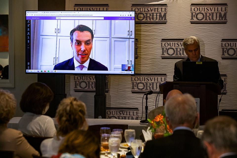 State Senator Morgan McGarvey appeared virtually at the Louisville Forum's Democratic Primary debate at Vincenzos on Wednesday afternoon. McGarvey and State Rep. Attica Scott are vying for the Democratic nomination for Congress in Kentucky's 3rd District. May 11, 2022