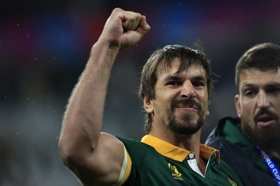 South Africa's Eben Etzebeth celebrates at the end of the Rugby World Cup semifinal match between England and South Africa at the Stade de France in Saint-Denis, near Paris, Saturday, Oct. 21, 2023. (AP Photo/Aurelien Morissard)